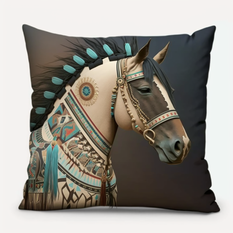Printed Aztec Horse Pillow Black & Gold