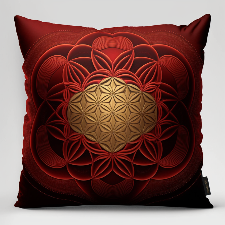 Printed Sacred Geometry Themed Decorative Pillow Red and Gold